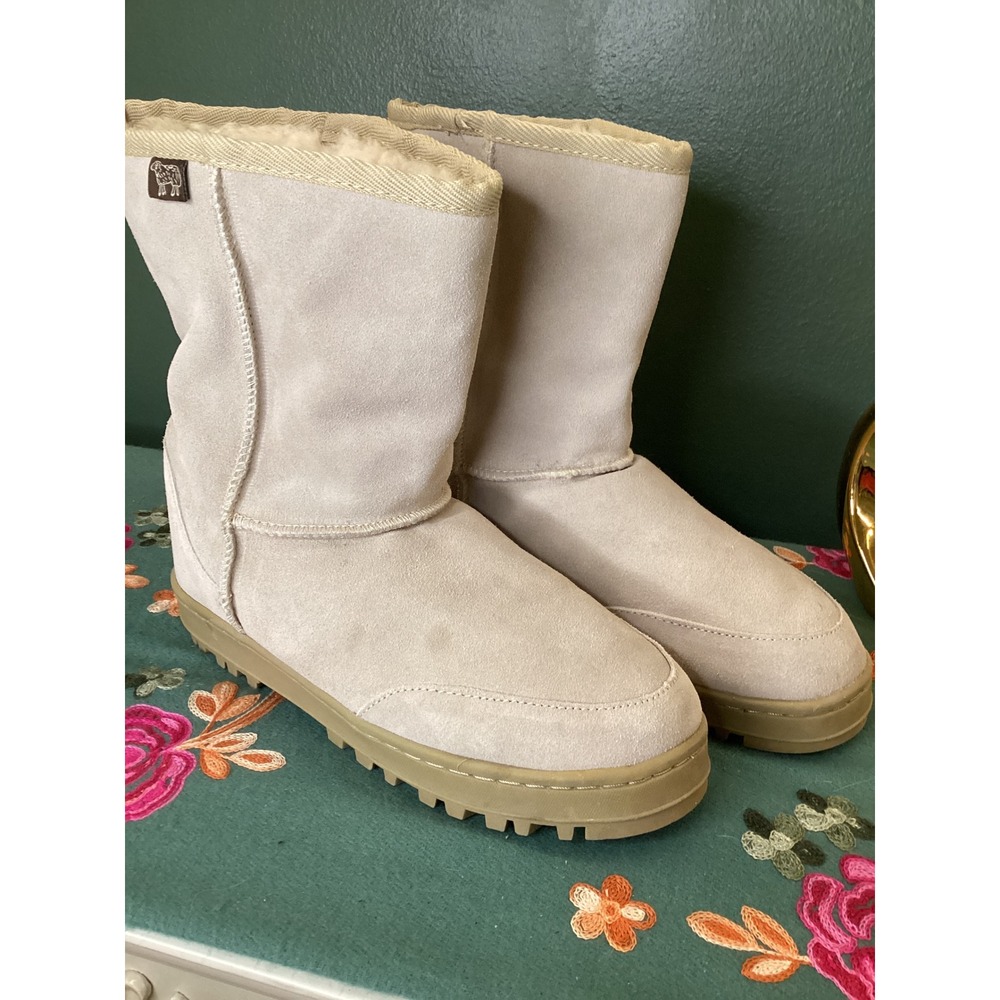 Australian‎ Boot Company Suede Shearling Boots W9/M8 Tan Lug Sole Mid Calf